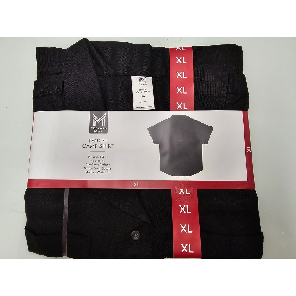 Members Mark Tencel Camp Shirt Black Short Sleeve Relaxed Fit XL 100% Lyocell